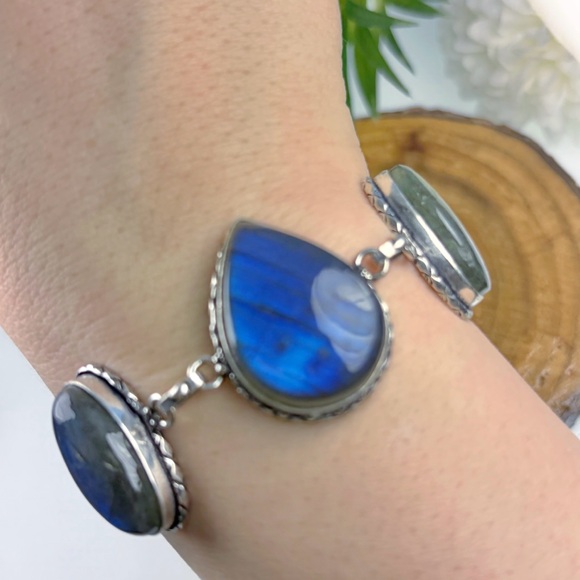 Blue Labradorite Bracelet Chunky Vintage Boho Southwest Style Pear Oval New 925 - Picture 3 of 6